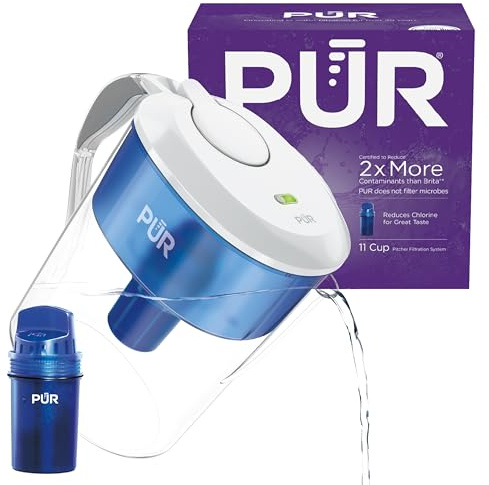 PUR 11-Cup Water Pitcher, 1 Filter, Cleaner, Great-Tasting Water, Dishwasher Safe, Powerful Filtration, Filter Change Light Indicator, LockFit Cap Design, White