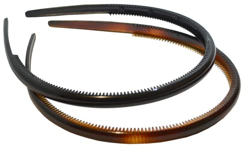 Parcelona French Thin Set of 2 Tortoise Shell Brown and Black Hair Headbands with Inner Teeth Nibs