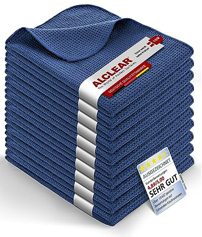 ALCLEAR 820901_10 Saugstarkes Microfasertuch Trockenwunder, 10 St. 60x40 cm Waffeltuch, zieht Wasser ohne Kratzer u. Schlieren - perfekt für Auto, Motorrad, Küche, Gläser, Geschirr, Gastro - Navy