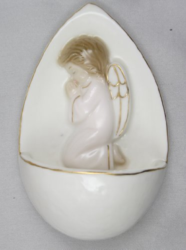 Porcelana - Weihkessel Pila de agua bendita con ángel rezando borde de oro rosa 10,5 cm