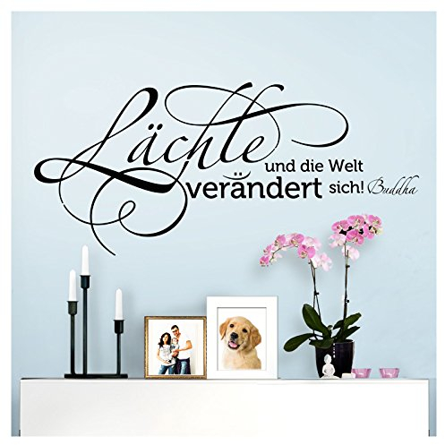 Wandaro Wandtattoo Sprüche Buddha Lächle und die Welt verändert Sich I schwarz 80 x 36 cm I Flur selbstklebend Aufkleber Wandaufkleber Wandsticker Spruch W3309