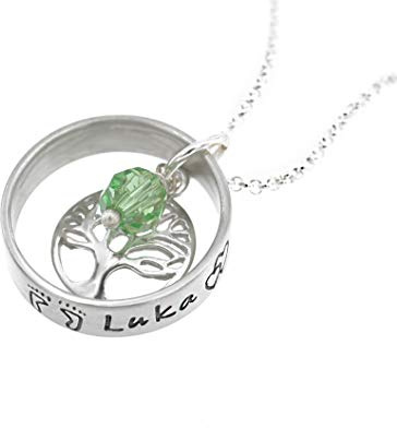 Timbalino Personalisierte Namenskette 925 Sterling Silber - Lebensbaum Anhänger & Monatsstein - Individuell Handgestempelt - Geschenk für Mütter zur Geburt & Taufe - Ankerkette bis 50 cm