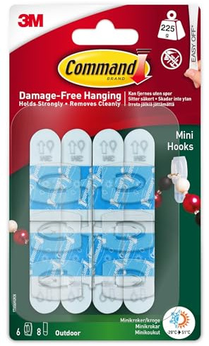Command Outdoor Mini Hooks, 6 Mini Hooks and 8 Small Adhesive Strips, Transparent - Damage Free Hanging