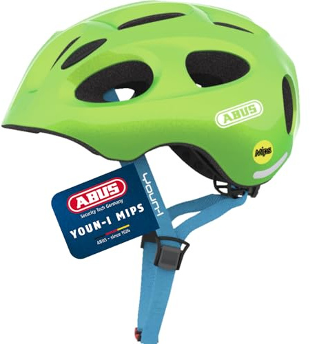 ABUS Kinderhelm Youn-I MIPS - Fahrradhelm mit Licht, Reflektoren und Aufprallschutz (MIPS) - für Mädchen und Jungen - Grün (funkelnd), Größe M
