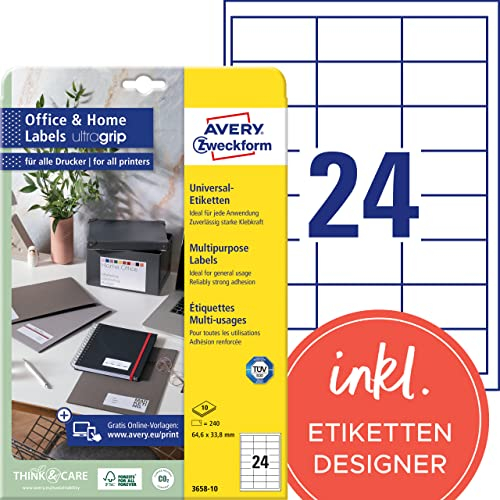 AVERY Zweckform 3658-10 Adressaufkleber (240 Klebeetiketten, 64,6x33,8 mm auf A4, bedruckbare Absenderetiketten, selbstklebende Adressetiketten mit ultragrip, ideal fürs HomeOffice) 10 Blatt, weiß
