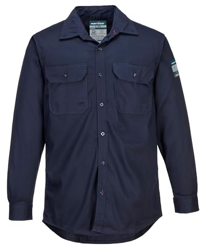Portwest FR89 Bizflame 88/12 Lightweight FR Shirt Flame-Resistant ARC2 Protection CE Certified UV Resistant Durable Workwear Chest Pockets Adjustable Cuffs Breathable Fabric Comfortable Fit, Navy, L