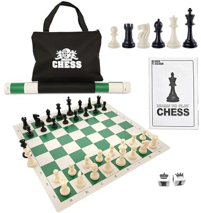 WE Games Best Value Tournament Chess Set - Includes 34 Chessmen, Roll Up Green Vinyl Chess Board, Storage Bag for Pieces, Instructions and Equalizer Dice, Travel Board Games for Adults