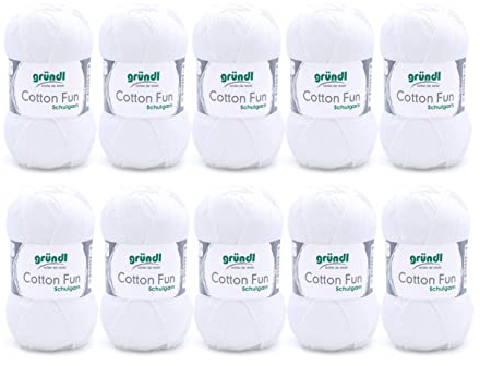 Gründl Wolle Cotton Fun - Wolle zum Häkeln - Strickgarn - Häkelgarn - Pflegeleicht und hautfreundlich - 100% Baumwolle - 10 Knäuel 50 g / 115 m - Nadelstärke 3-4 - Weiß