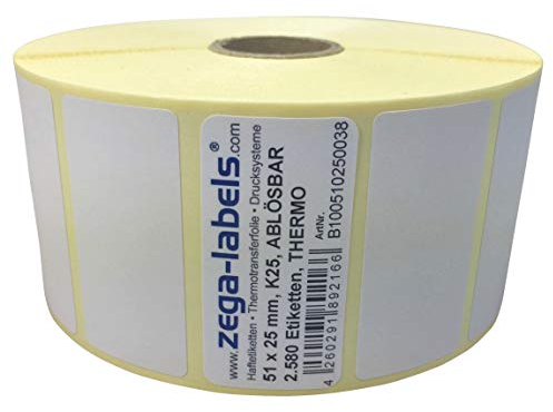 Thermo Etiketten auf Rolle - 51 x 25 mm - 2.580 Stück je Rolle - Kern: 25 mm - aussen gewickelt - WIEDER ABLÖSBAR - Druckverfahren: Thermodirekt (Drucken ohne Farbband)
