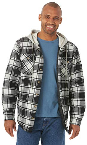 Long Sleeve Quilted Lined Flannel Shirt Jacket With Hood, Caviar With Black Hood, X-Large
