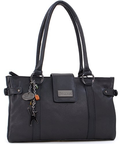 Catwalk Collection Handbags - Damen Leder Schultertasche - Handtasche Mittelgroß für Notizbuch A5 - Martina - Schwarz