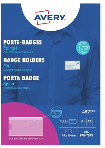 AVERY ZWECKFORM Boite de 100 portes-badge épingle 4x7,5 cm + 108 inserts microperforés