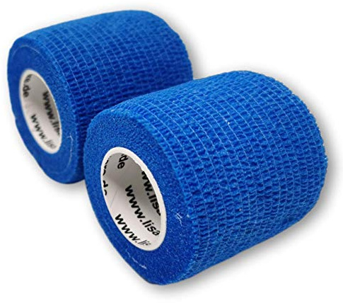 LisaCare Lot de 2 bandages de fixation 5 cm x 4,5 m - Couleur bleue - Bandage cohésif - Pansement - Pansement - Élastique, extensible, auto-adhésif, sans colle