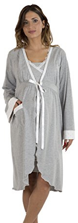 Premamy - Vestaglia da Notte per Premaman, Modello con Fiocco, Cotone bielastico, Pre-Post Parto - Grigio - IV (M)