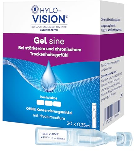 Hylo-Vision Gel sine Augentropfen – Intensive Befeuchtung bei stark und chronisch trockenen Augen, ideal für unterwegs, hochviskos, konservierungsmittelfrei, geeignet bei Kontaktlinsen, 20 x 0,35 ml