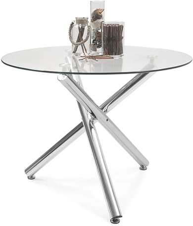 Homely – Mesa de Comedor Redonda Brisa, sobremesa de Cristal Templado Transparente de 110 cm diámetro, Patas de Metal Pulido Acabado Brillo, 110x110x75,5 cm
