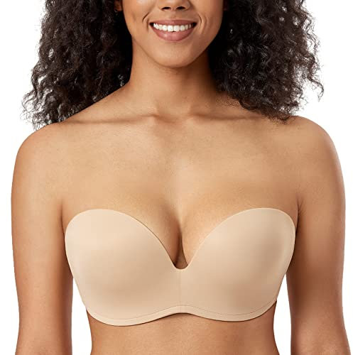 Delimira Women's Strapless Bras for Bigger Bust Push Up Support Lift Plus Size Lightly Padded Seamless Bra Nude 34DD