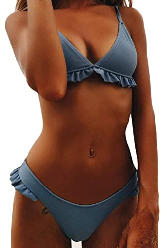Onsoyours Femmes Bikini 2 Pieces Bandage Maillot de Bain avec Volants Ajustable Bandeau Bandage Bikini Bresilien Sexy Push Up Swimwear De Plage (FR 36, Marine)
