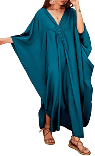 Bsubseach Women Casual Kaftan Batwing Sleeve Plus Size Swimsuit Cover Up Maxi Beach Dress Peacock Blue