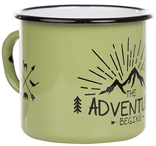 MUGSY Enamel Mug The Adventure Begins 330ml Camping Mug Camping Equipment Retro Design Green