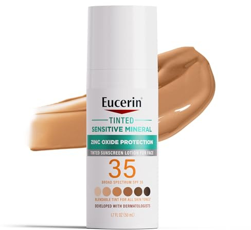 Eucerin Sun Tinted Sensitive Mineral Face Sunscreen Lotion SPF 35, Non-Comedogenic Mineral Sunscreen with Gentle Zinc Oxide Protection for Sensitive Skin, 1.7 Fl Oz Bottle