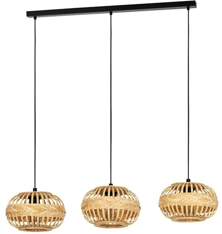 EGLO Pendellampe Amsfield 1, 3-flammige Pendelleuchte über Esstisch, Hängeleuchte aus Metall in Schwarz und Bambus in Braun, Holz Hängelampe mit E27 Fassung, L 96 cm