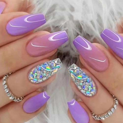 Ceboic 24 Stück Coffin Nägel Zum Aufkleben Mittel Lila Glitzer French Kunstnägel Press on Nails mit Silber Pailletten Design Full Cover Acryl Künstliche Nägel Square Fingernägel Fake Nails für Frauen