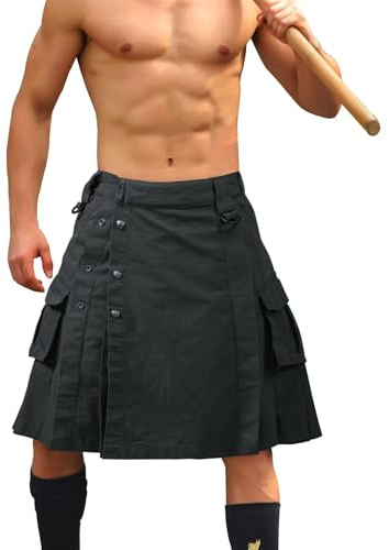 VATINNT Men's Pleated Utility Kilt Scottish Tactical Kilt 0911 Black 38