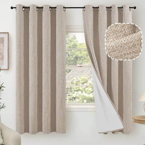 Lajode Beige 100% Blackout Curtains for Bedroom 63 Inch Length 2 Panels, Thermal Insulated Complete Light Blocking Noise Reducing Linen Window Curtains for Nursery, Bronze Grommet, Each 52 Wide