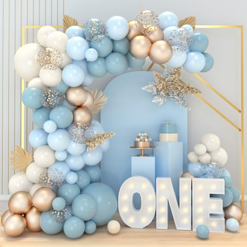 Dusty Blue Balloon Arch Kit, 98pcs Baby blue and gold balloons Garland Kit with Cream Beige and Sand White Balloons for Boy Birthday Party Baby Shower Christening Decorations Gender Reveal Backdrop