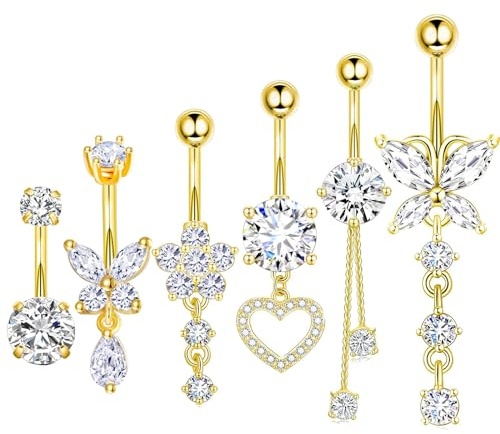 TIANCI FBYJS Surgical Stainless Steel Gold Belly Button Ring for Women 14G Dangle Navel Piercing Jewelry with Heart Flower Butterfly heart Flower Cute Dangling Curved Belly Rings