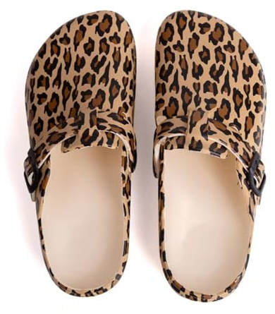 Eliogn Women’s Garden Clogs EVA Slip On Comfort Shoes – Cute Printed Waterproof Mules for Nurses, Home, Outdoor, Kitchen, Work – Lightweight Non-Slip Foam Clogs Leopard-38