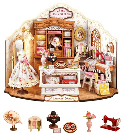 Rolife Model Kit Elsa's Tailoring Wooden DIY Miniature House Kit Vintage Rustic Style Tailor Shop Dollhouse Home Decoration Birthday Gift for Her