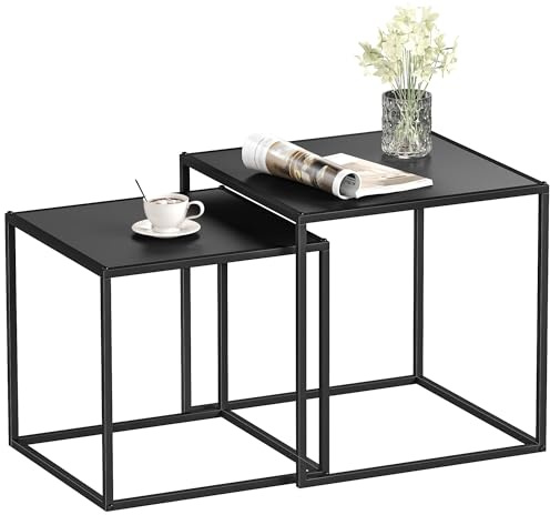 HOMCOM Juego de 2 Mesas Nido, Mesas de Centro para Salón Cuadradas, Material de Acero, para Dormitorio y Oficina, Grande 40 cm, Pequeña 35 cm, Negro