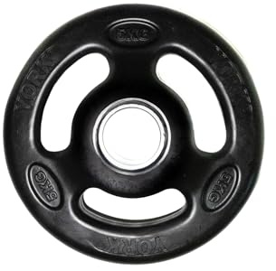 5kg York Olympic Weight Plates with Rubber Finish 2’’ Opening and Tri-Grips, Black Barbell Plates Discs for Lifting and Strength Training, Solid Cast Iron Core Weights (5, Kilograms)