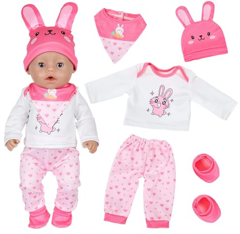 5 vestiti per bambole a forma di coniglietto per bambole da 30-45 cm, rosa da 30 a 45 cm, vestiti per bambole con maniche, pantaloni, scarpe, cappello, bavaglino, accessori per bambole per bambini