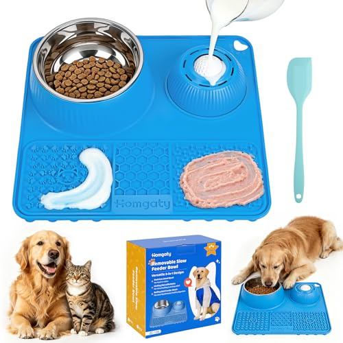 Homgaty Comedero para perros con alfombrilla para lamer y pelota para comer, 3 en 1 de acero inoxidable y silicona, comedero antienredos y alfombrilla para perros con espátula, sin BPA (azul)