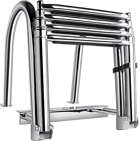 Marinebaby 4-Step Pontoon Boat Ladder, 316 Stainless Steel Folding Telescoping Inboard Ladder with Hand Railing and Extra Wide Steps