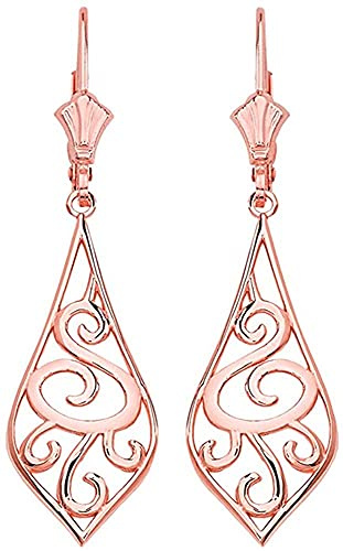 14K Rose Gold Art Nouveau Swirl Teardrop Dangle Leverback Earrings - 1.65