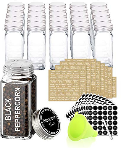 SWOMMOLY 25 Glass Spice Jars with 703 Spice Labels, Chalk Marker and Funnel Complete Set. 25 Square Glass Jars 4OZ, Airtight Cap, Pour/sift Shaker Lid