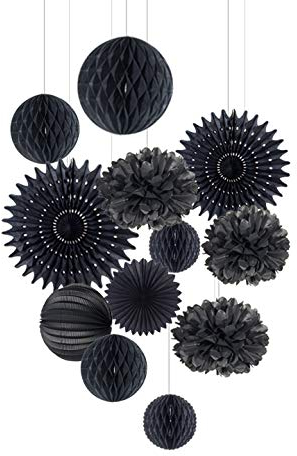 Easy Joy Pompón de papel negro decorativo, decoración de cumpleaños de Rip 20s, decoración de rosetas decorativas de papel de seda, bolas de panal, decoración para mesa, cumpleaños, decoración de