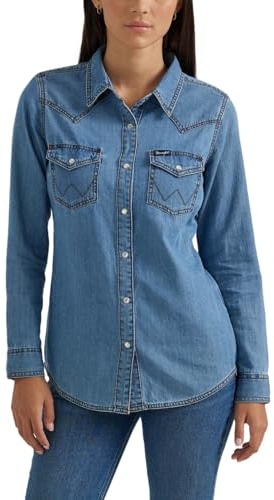 Wrangler dam retro långärmad western snap-skjorta mid-denim, M