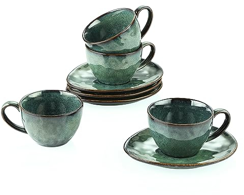 vancasso serie Starry Juego de Café 8 piezas con 4 Tazas y 4 Platillos Vajillas de Gres para Desayuno/Café, Irregular Esmalte Verde