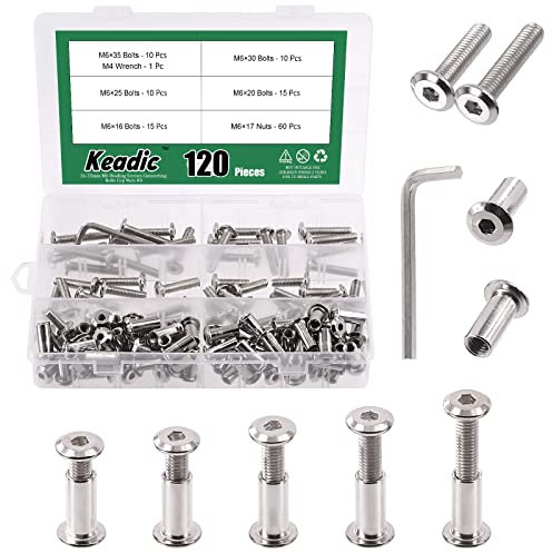 Keadic 121 Pcs M6 x16/20/25/30/35mm Socket Cap Bolts Barrel Nuts Kit with Hex Key, 5 Sizes Silver Binding Screws Stud Posts Assortment Kit Countersunk Furniture Crib Bolts for Bed Chair Table Cabinet