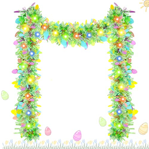 Chuangdi 16.4 ft Easter Tinsel Garland with LED String Light Easter Egg Twist Metallic Wire Garland Tinsel Foil Hanging Decor, Multicolor, Multicolor Light, Egg