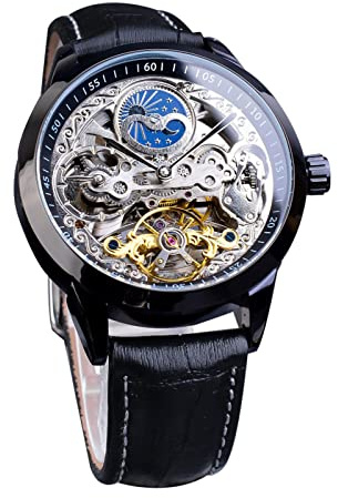 FORSINING Herrklocka Tourbillon månfas automatisk armbandsur män läder mode affärer skelett lyxklockor handlindning