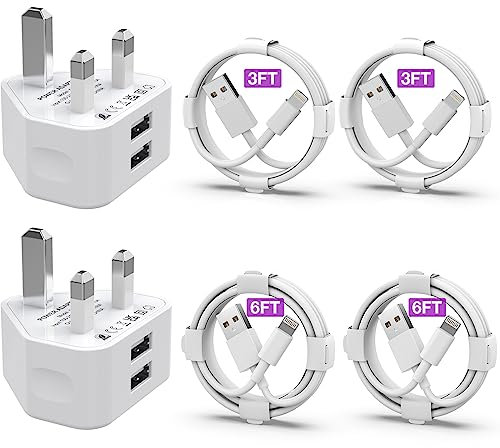 iPhone Charger [MFi Certified] 2Pack Dual USB Wall Plug Adapter UK 2.4A Mains Charger with 4Pack Lightning Cable 3/3/6/6 FT Fast Charging Cable for iPhone 14/13/12/11 Pro Max/S/XS/X/XR/8/7/6/Plus/5