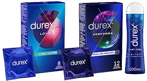Durex Mixpackung für Frauen & Männer - Bundle mit Love Kondome (8 Stk.) und Performa Kondomen (12 Stk.) sowie Play Feel Gleitgel (100 ml)