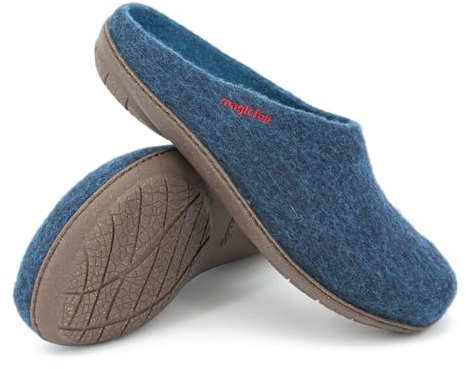 Magicfelt Filttoffel PO 736 för kvinnor och män av ren merinoull – tofflor med halkfri, vattentät gummisula, mörk bensin, 46 EU