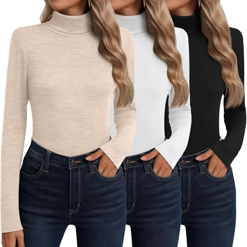Neer 3 Pack Cotton Women's Turtleneck Long Sleeve Tops Thermal Underwear Base Layer Fall Winter Shirts Sweater(L,Black, White, Apricot)